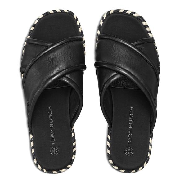 TORY BURCH Crisscross Espadrille Slides Black Tan Black Leather Logo 8 - Picture 2 of 9